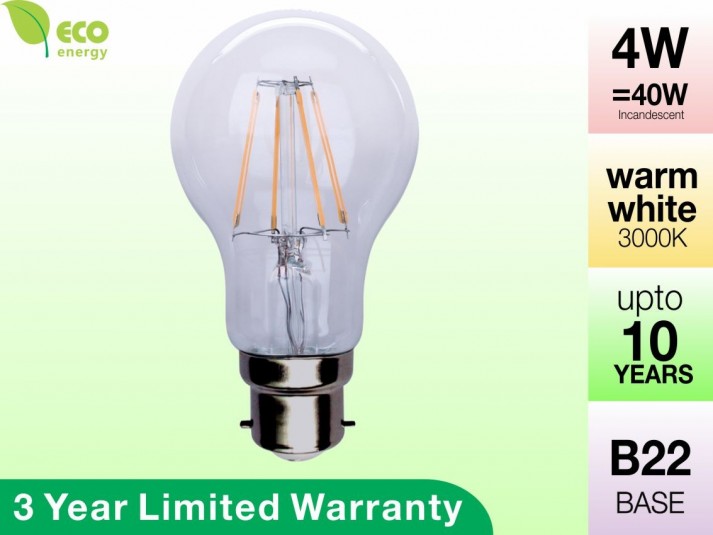 4W Glass LED Filament Bulb B22 Warm White 400LM (3 Year Warranty)