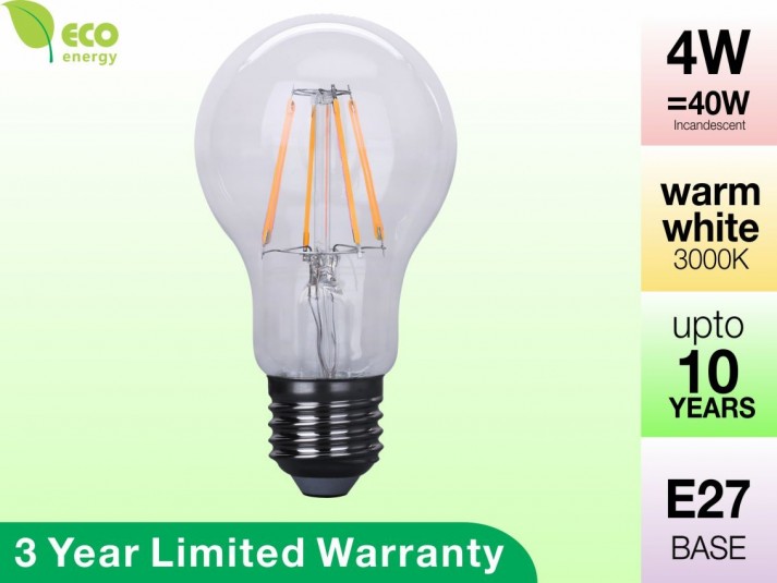 4W Glass LED Filament Bulb E27 Warm White 400LM (3 Year Warranty)