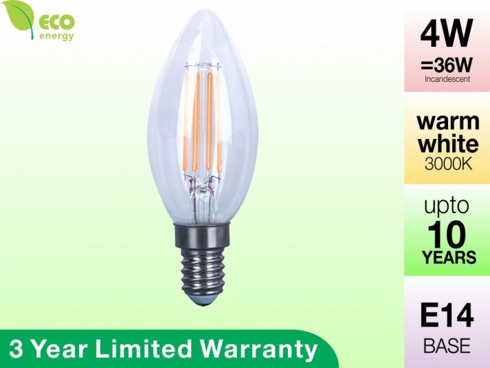 4W Glass Filament LED Candle E14 Warm White 360LM