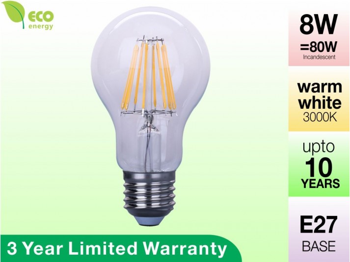 8W Glass Filament LED Bulb E27 Warm White 800LM (3 Year Warranty)