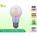 8W Glass Filament LED Bulb E27 Warm White 800LM (3 Year Warranty)